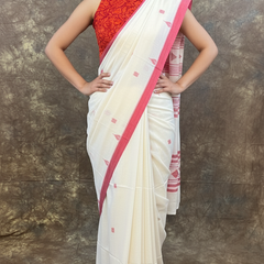 Red and white handloom saree front view – perfect Durga Puja outfit for women.