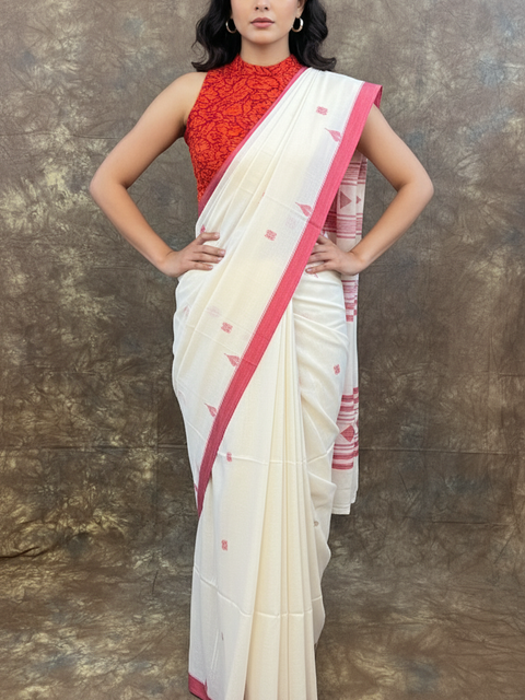Red and white handloom saree front view – perfect Durga Puja outfit for women.