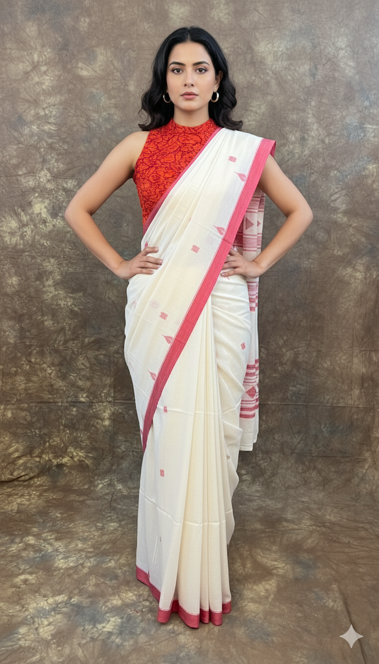 Red and white handloom saree front view – perfect Durga Puja outfit for women.