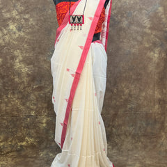 Authentic Bengal handloom red and white festive saree for Puja wear.