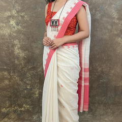 Bengali woman in Red White Handloom Cotton Saree celebrating Sindoor Khela ritual