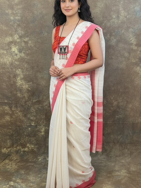 Bengali woman in Red White Handloom Cotton Saree celebrating Sindoor Khela ritual