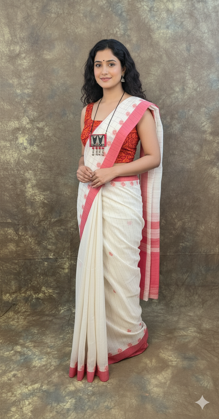 Bengali woman in Red White Handloom Cotton Saree celebrating Sindoor Khela ritual