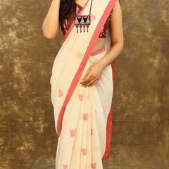 Smiling Bengali woman wearing Red White Handloom Cotton Saree – Durga Puja festive outfit