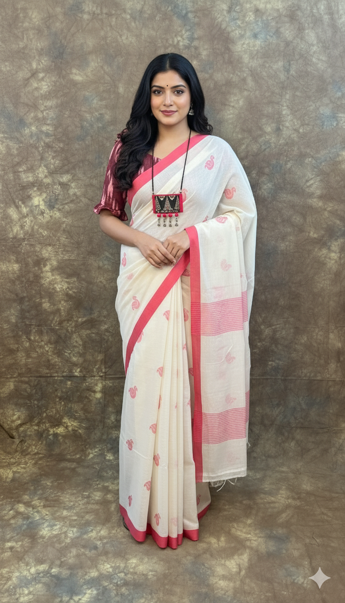 Red White Handloom Cotton Saree styled for Durga Puja – Traditional Bengali festive attire