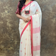 Red White Handloom Cotton Saree styled for Durga Puja – Traditional Bengali festive attire