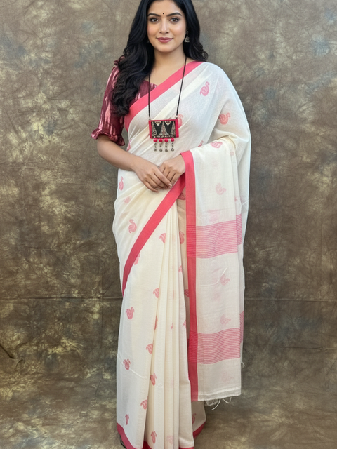 Red White Handloom Cotton Saree styled for Durga Puja – Traditional Bengali festive attire