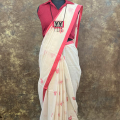Elegant pallu drape of Red White Handloom Cotton Saree – Classic festive wear for women