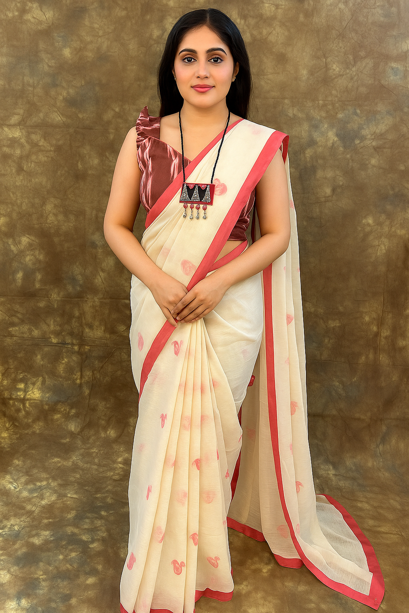 Traditional Durga Puja outfit in Red White Handloom Cotton Saree – Classic Bengali festive saree
