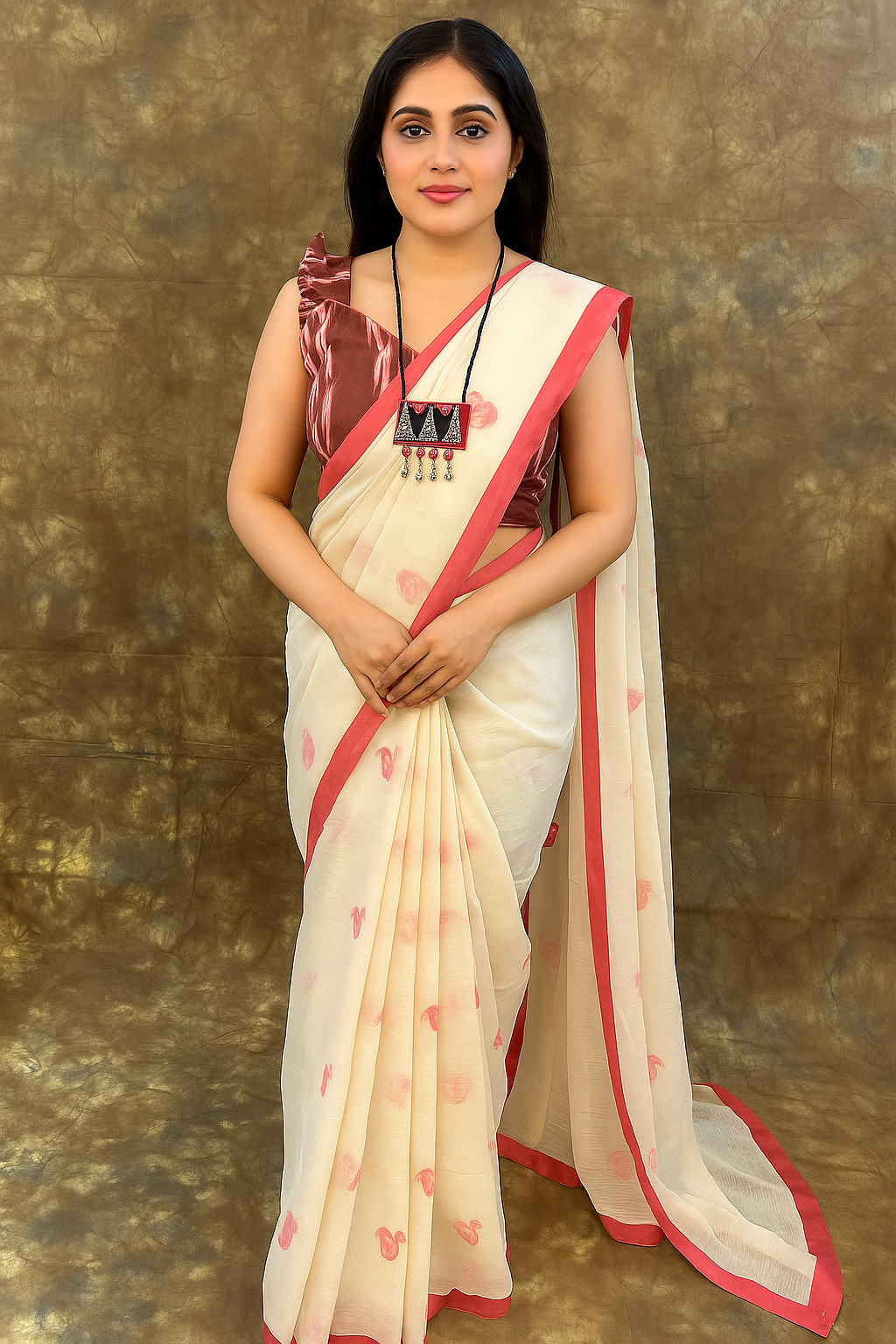 Traditional Durga Puja outfit in Red White Handloom Cotton Saree – Classic Bengali festive saree