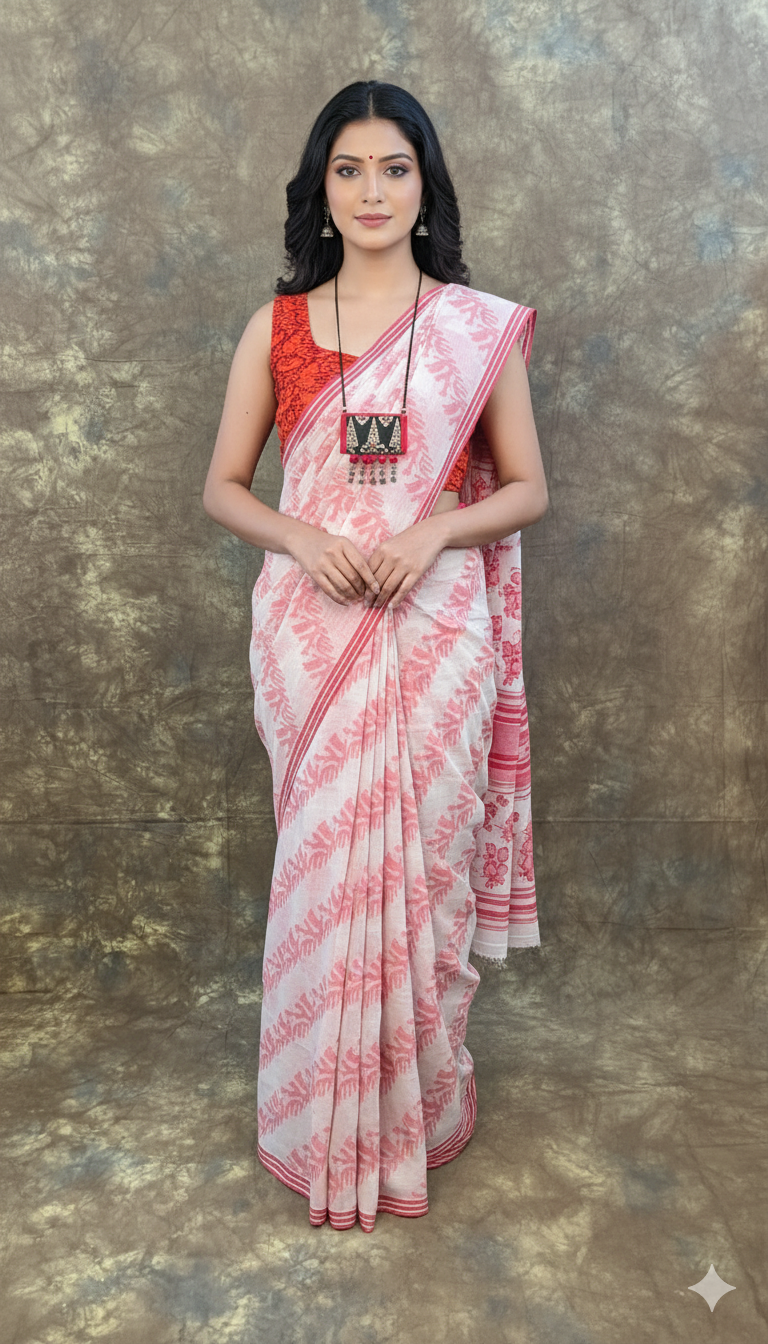 Red white handloom Bengali cotton saree for Durga Puja rituals.