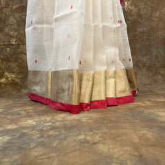 Back view of Red White Linen Saree – Handloom festive wear for Durga Puja by Vaarnali