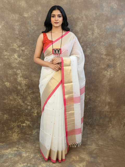 Front view of Red White Linen Saree – Handloom Bengali Saree for Durga Puja by Vaarnali