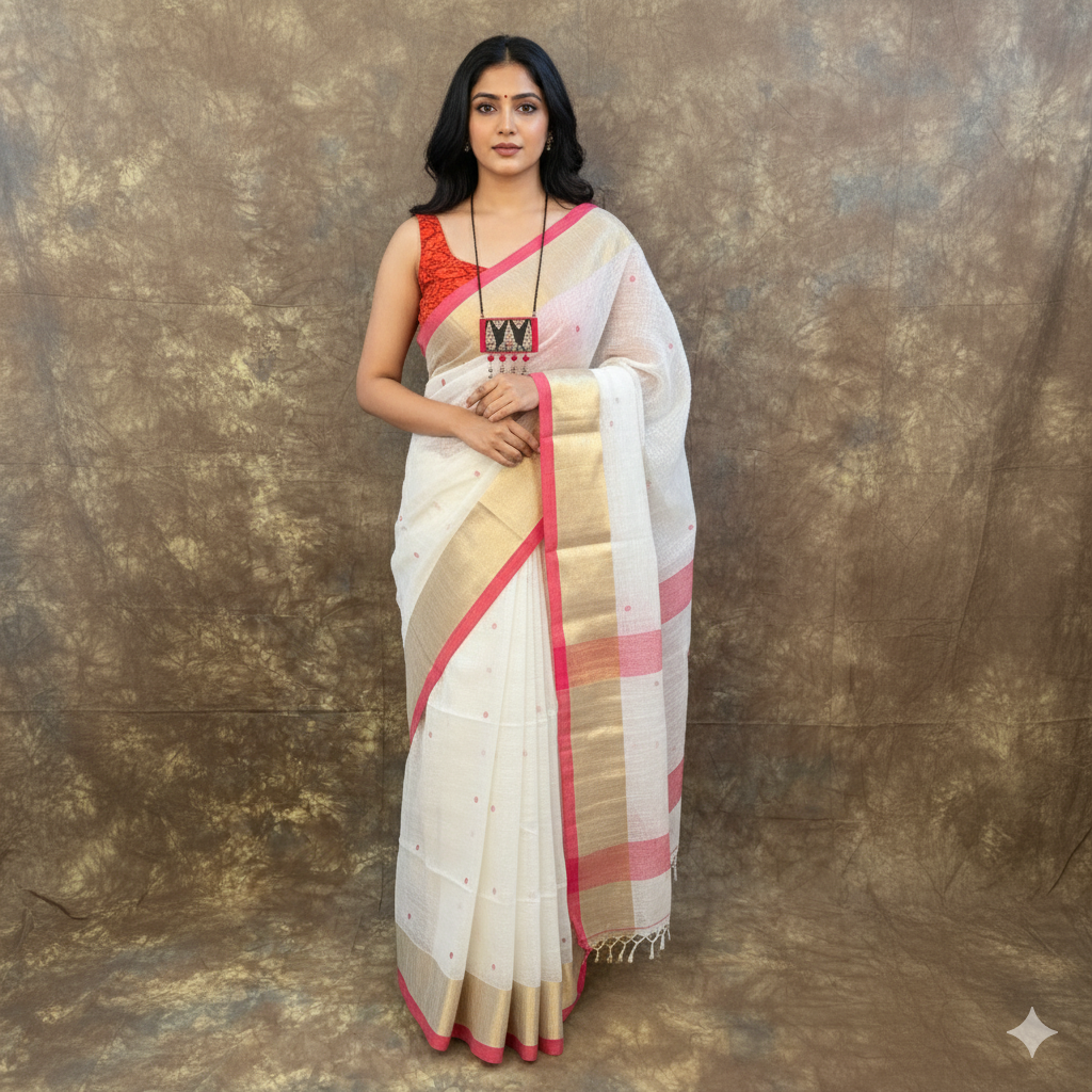 Front view of Red White Linen Saree – Handloom Bengali Saree for Durga Puja by Vaarnali