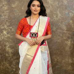 Elegant pallu design of Red White Linen Handloom Saree, perfect for Durga Puja festive look