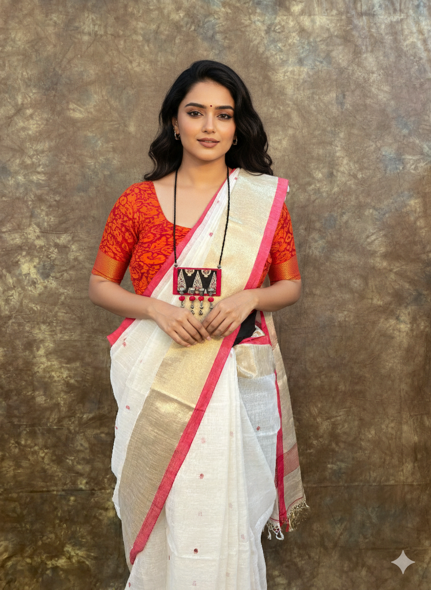 Elegant pallu design of Red White Linen Handloom Saree, perfect for Durga Puja festive look