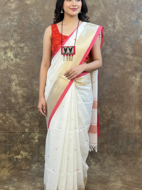 Traditional Bengali draping style of Red White Linen Saree, ideal for Durga Puja celebrations