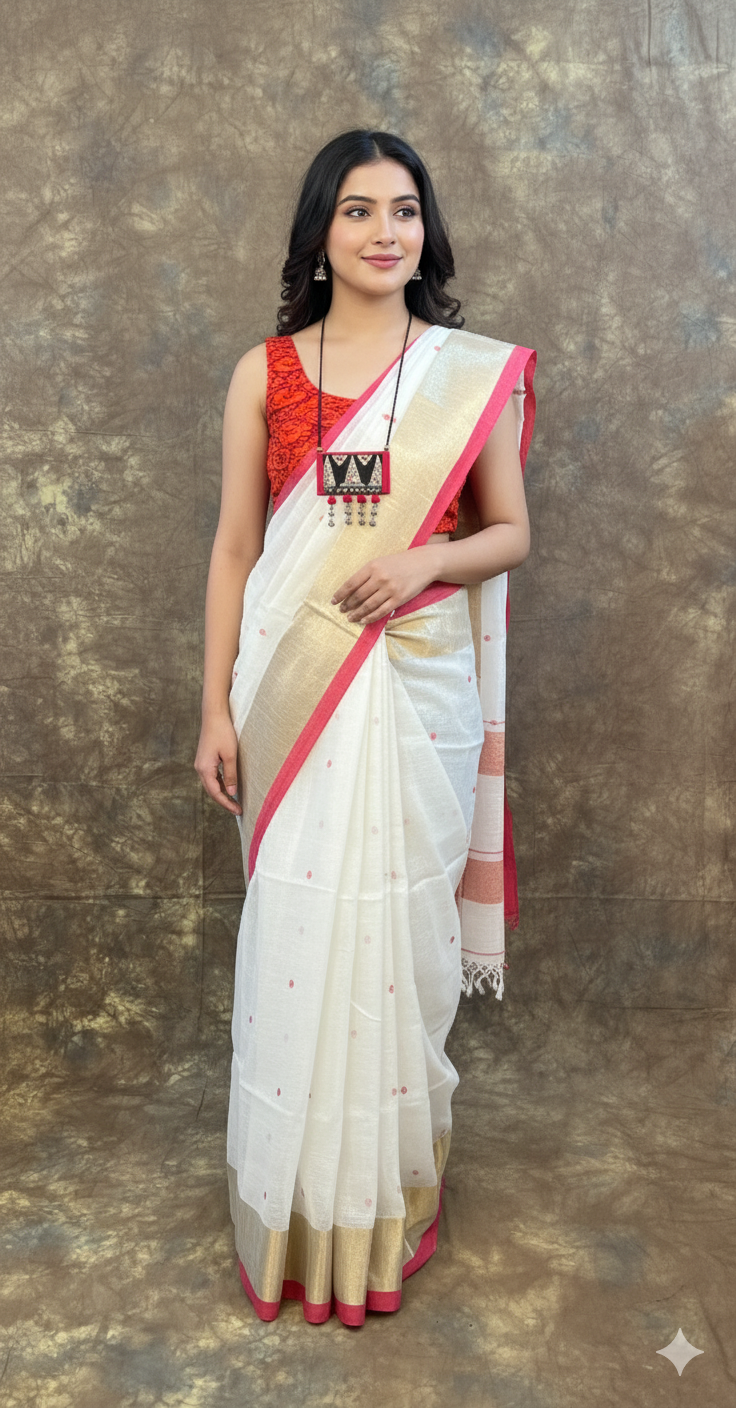 Traditional Bengali draping style of Red White Linen Saree, ideal for Durga Puja celebrations