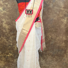Red White Linen Saree paired with gold jewellery – Bengali festive Durga Puja look