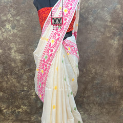 Traditional Bengali draping of Red White Tassar Silk Saree – Handloom festive wear