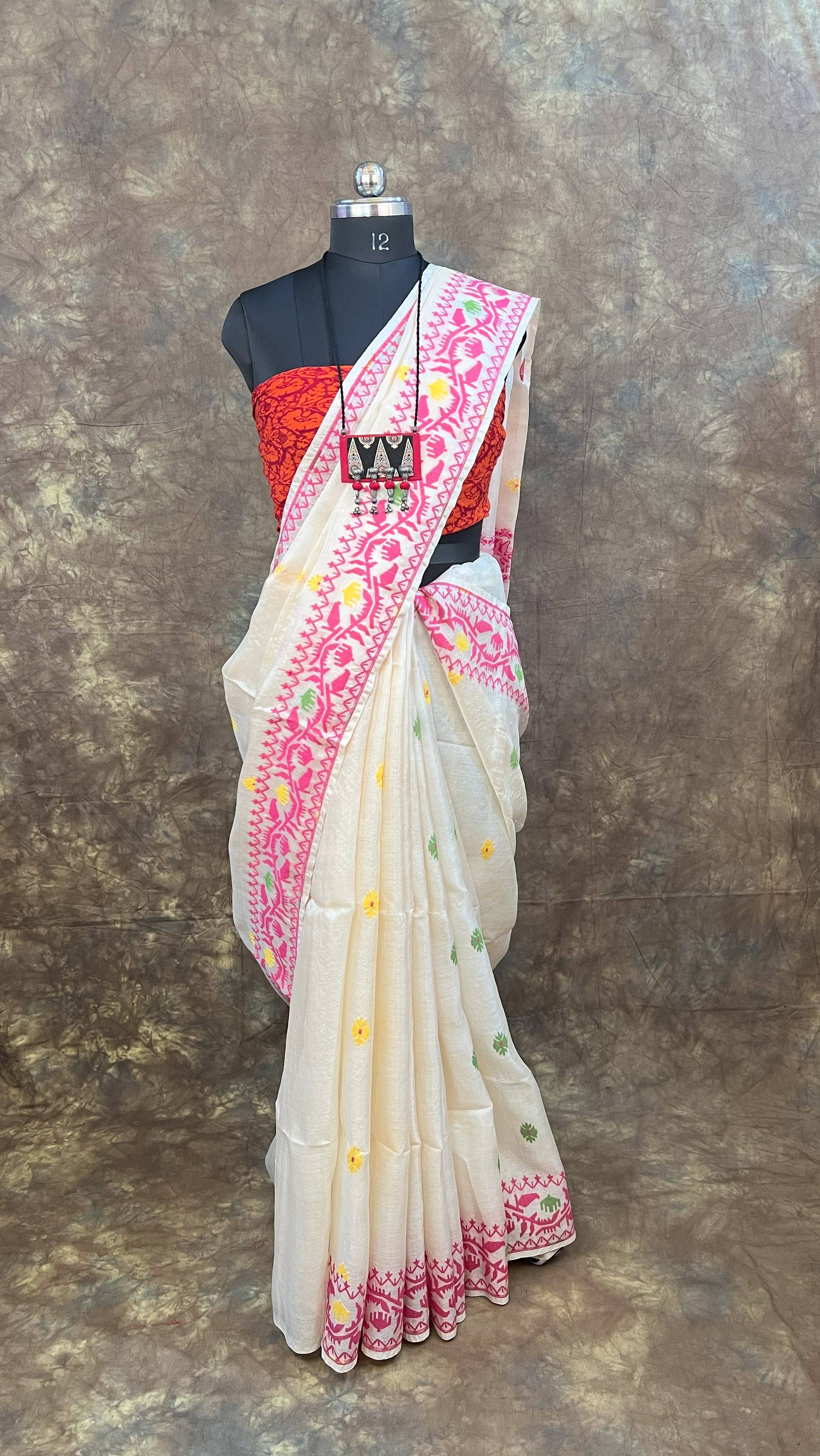 Traditional Bengali draping of Red White Tassar Silk Saree – Handloom festive wear