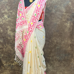 Close-up of intricate handloom border in Red White Tassar Silk Saree for women