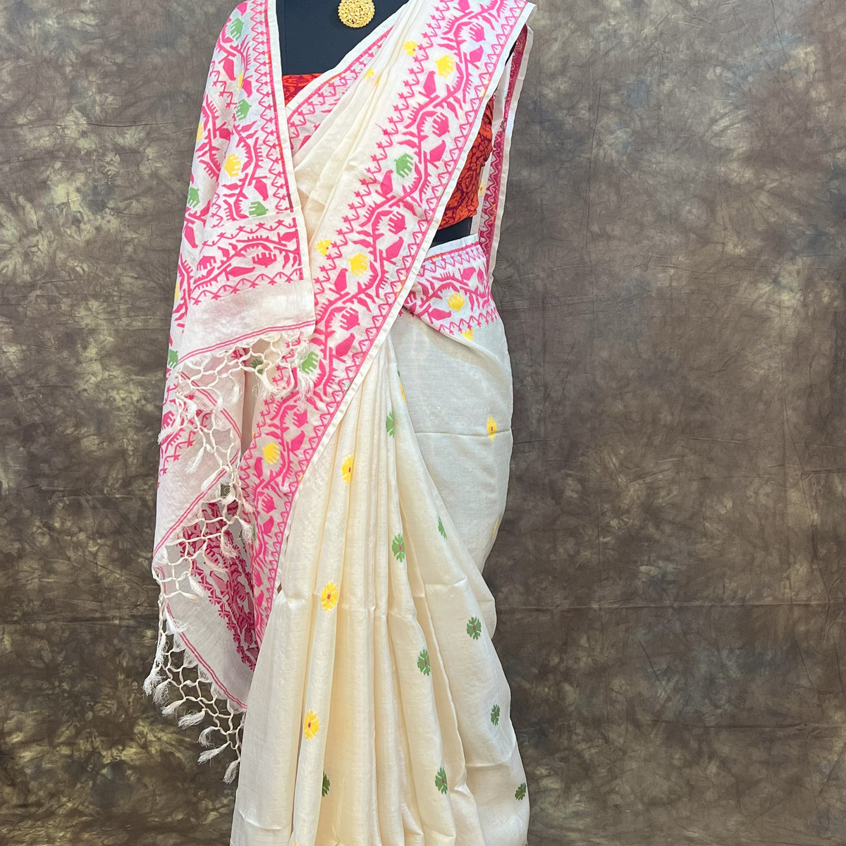 Festive Durga Puja styling of Red White Tassar Silk Saree – Bengali traditional saree