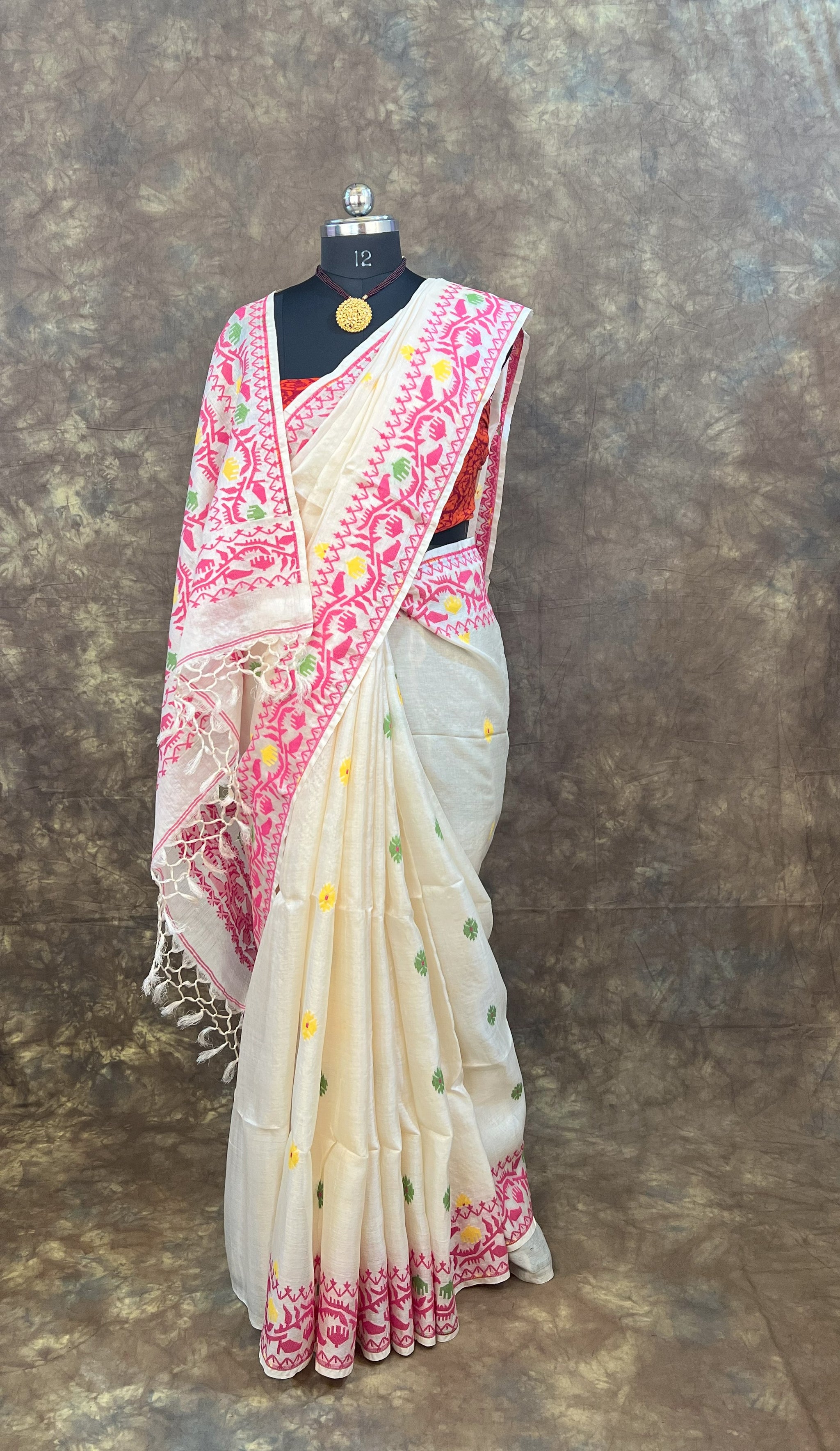 Festive Durga Puja styling of Red White Tassar Silk Saree – Bengali traditional saree