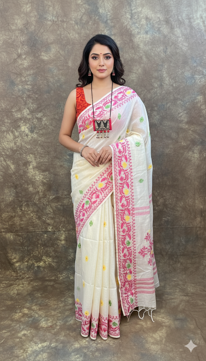 Front view of Red White Tassar Silk Saree – Handloom Bengali Saree for Durga Puja