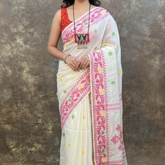 Front view of Red White Tassar Silk Saree – Handloom Bengali Saree for Durga Puja