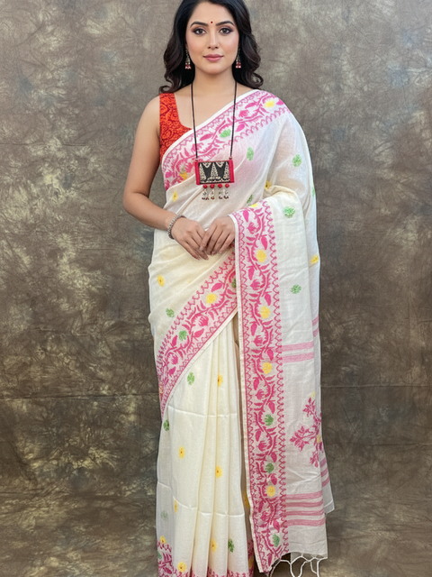 Front view of Red White Tassar Silk Saree – Handloom Bengali Saree for Durga Puja