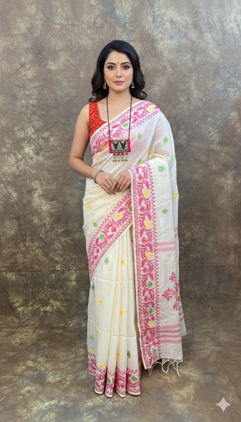 Front view of Red White Tassar Silk Saree – Handloom Bengali Saree for Durga Puja