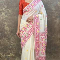 Side profile of model wearing Red White Tassar Silk Saree – Festive Bengali Saree