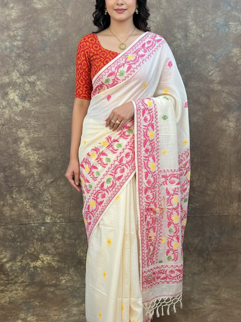 Side profile of model wearing Red White Tassar Silk Saree – Festive Bengali Saree