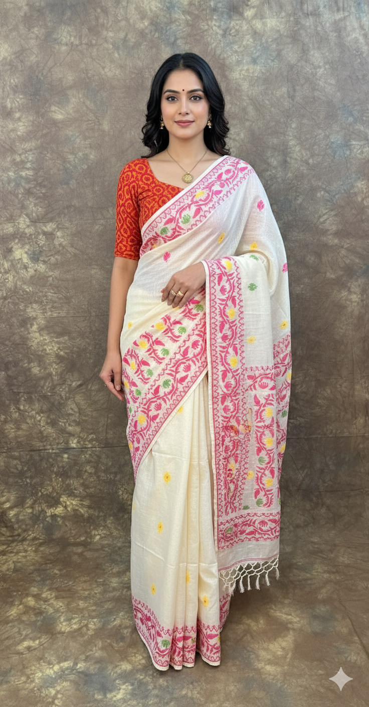 Side profile of model wearing Red White Tassar Silk Saree – Festive Bengali Saree