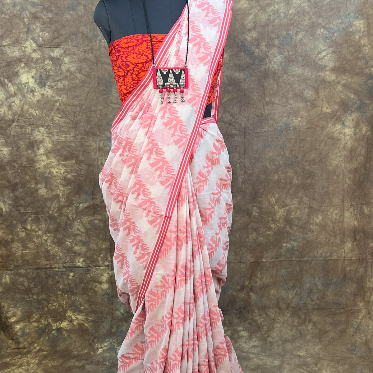 Red white cotton saree specially designed for Sindoor Khela rituals.