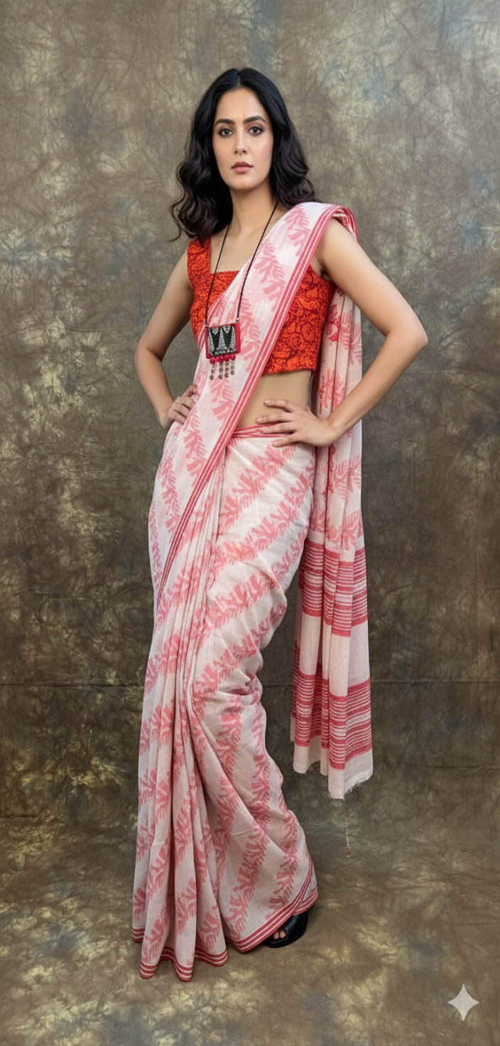 Styling tips for red white Bengali saree with jewelry and blouse for festive look.