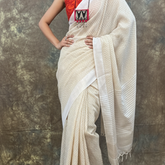 white tussar silk saree front view for Durga Puja 2024, handloom Bengali festive wear.