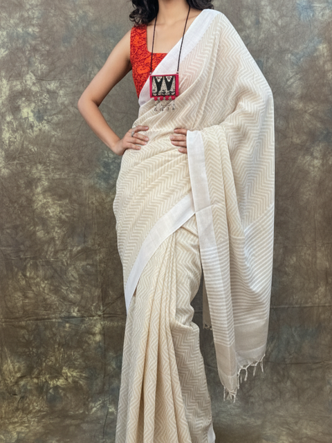 white tussar silk saree front view for Durga Puja 2024, handloom Bengali festive wear.