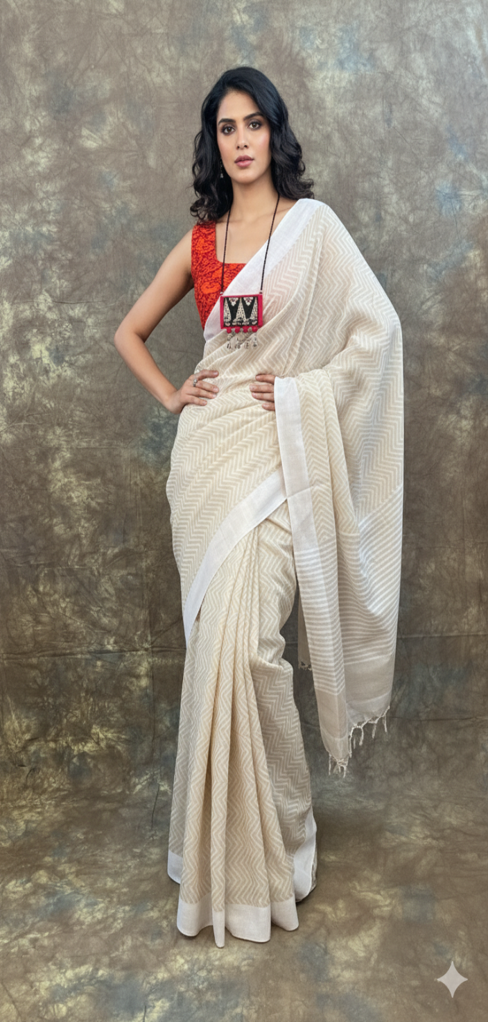 white tussar silk saree front view for Durga Puja 2024, handloom Bengali festive wear.