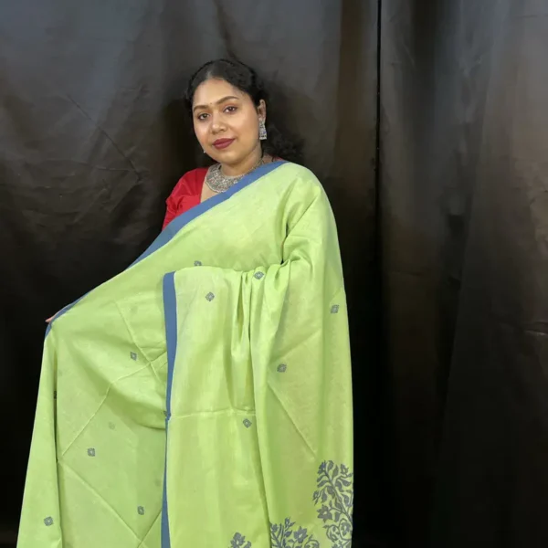 Handloom Saree – Light Green Cotton Saree with Blue Border | Ethically Made