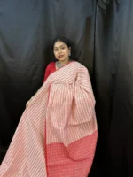 Red & White Handloom Cotton Saree – Traditional Bengali Tant (Artisan Edition) | Vaarnali