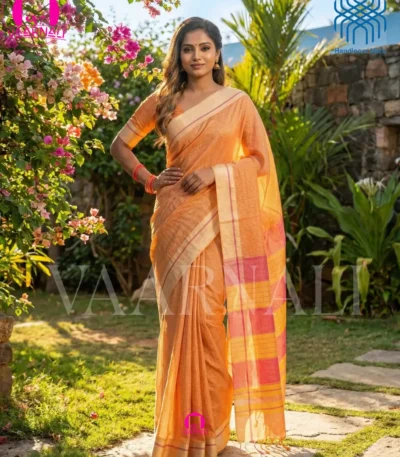 Model wearing yellow red patteda anchu saree outdoor garden setting pure handloom cotton VAARNALI