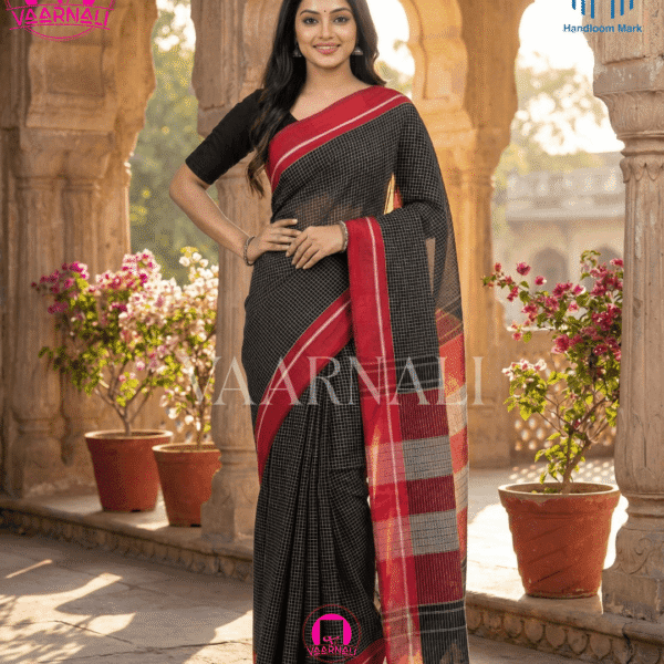 Black red patteda anchu saree full view with checks pattern and red borders handloom cotton VAARNALI