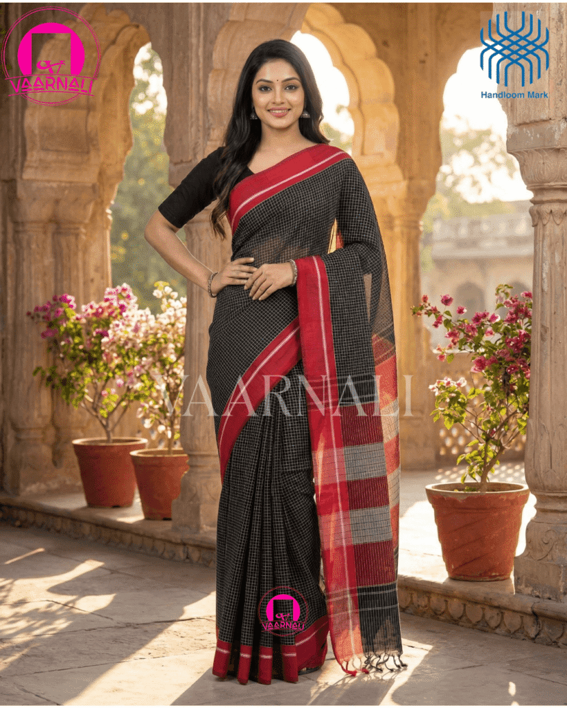 Black red patteda anchu saree full view with checks pattern and red borders handloom cotton VAARNALI