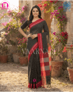 Red patteda anchu border and pallu design handloom stripe saree traditional Karnataka weaving detail