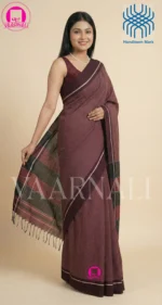 Chocolate Patteda Anchu saree full view with maroon stripes and handloom texture