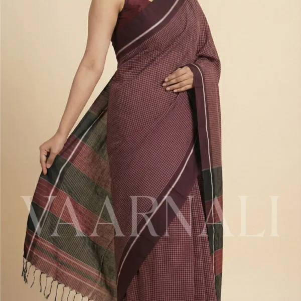 Chocolate Patteda Anchu saree full view with maroon stripes and handloom texture