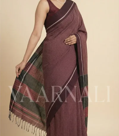 Chocolate Patteda Anchu saree full view with maroon stripes and handloom texture