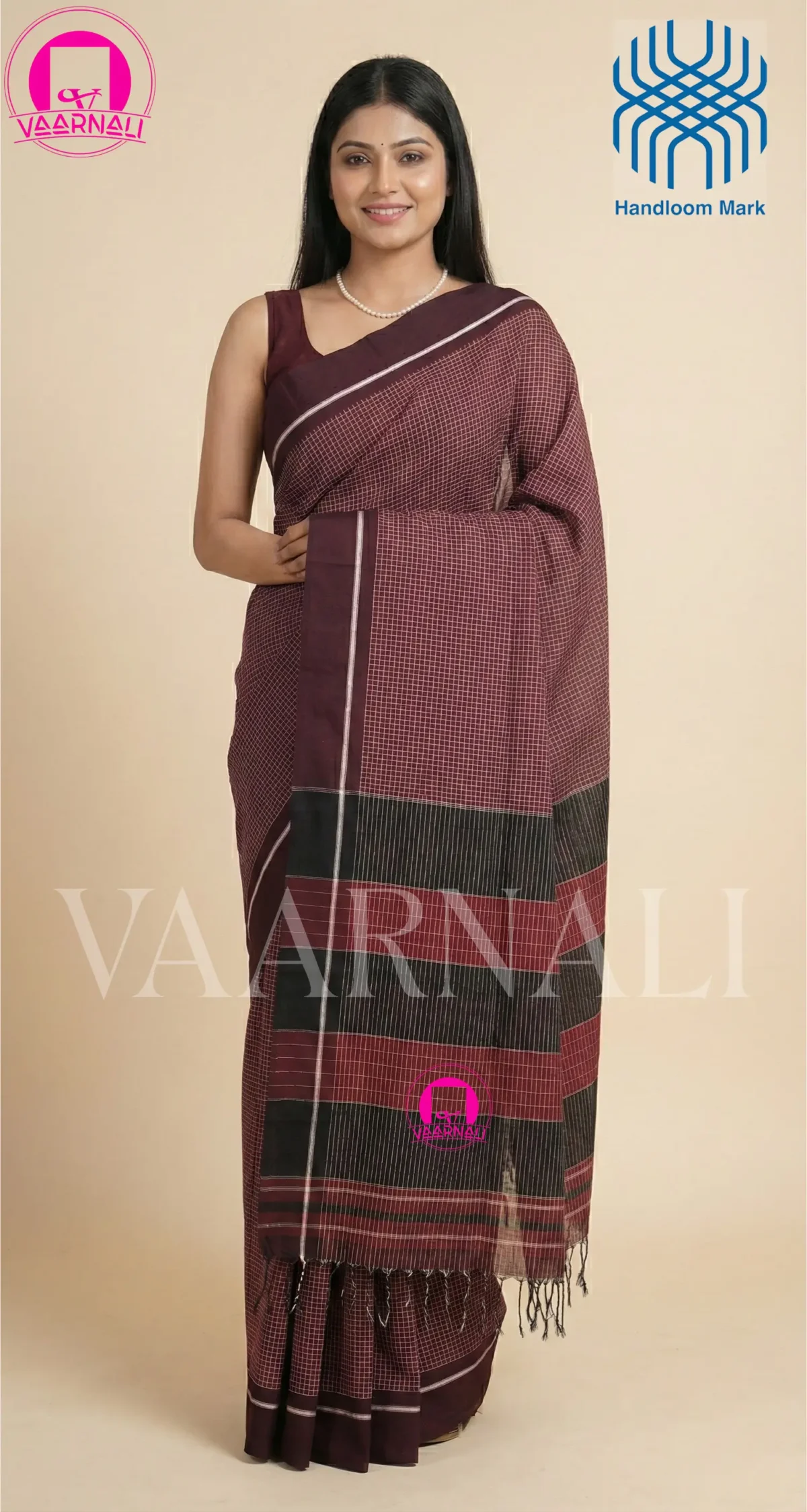 Chocolate brown handloom stripe saree styled with contemporary blouse and minimal jewelry